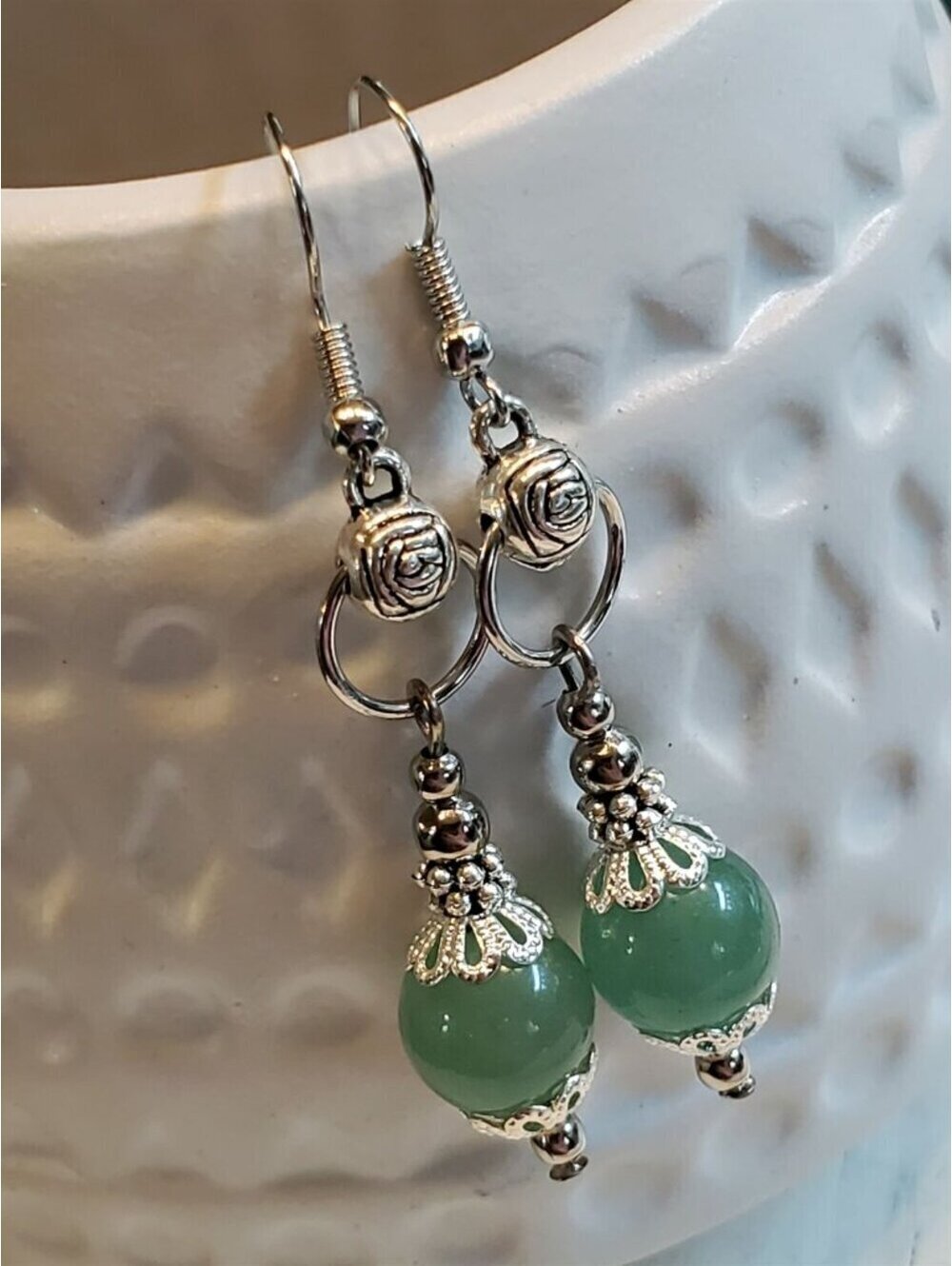 Handcrafted Malaysian Jade Gemstone Lacy Trim Silver Carved Rose Earrings